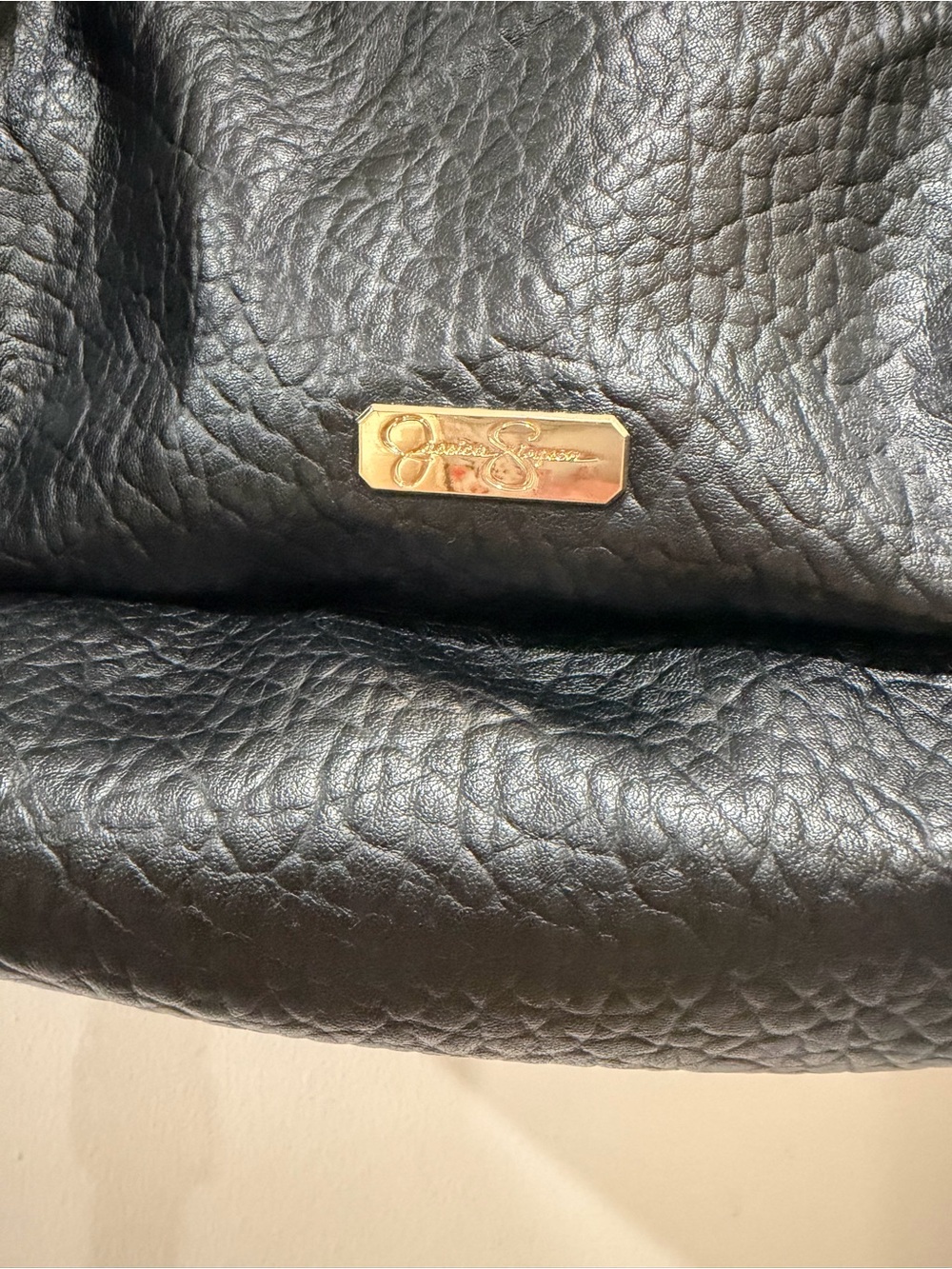 Jessica Simpson Black Faux Leather Moto Satchel Shoulder Bag Gold Hardware - Picture 7 of 10